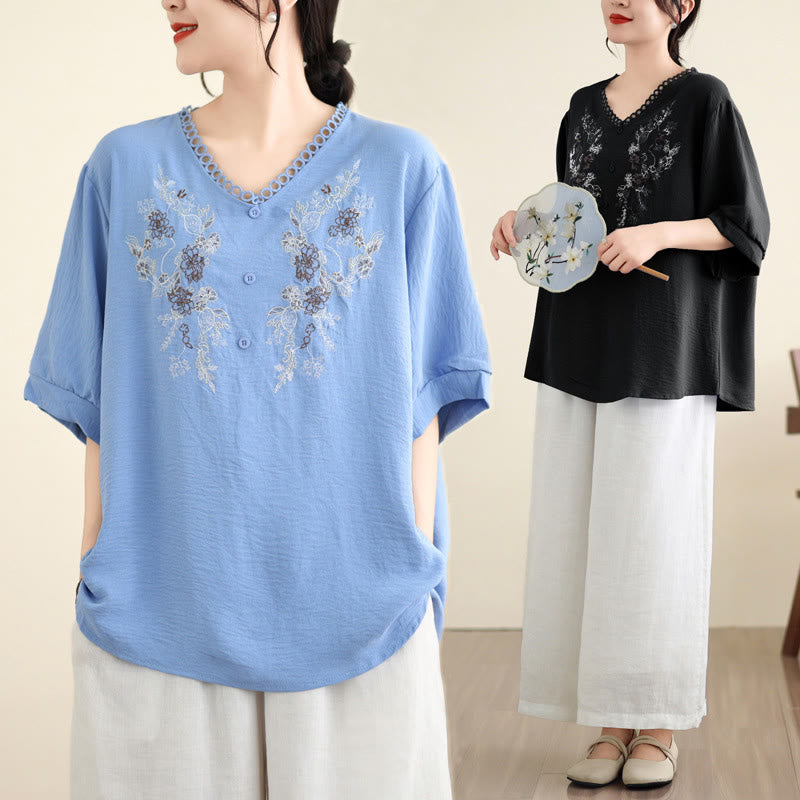 Camiseta con Bordado Floral de Buddha Stones de Cuello en V y Manga Corta - image 17