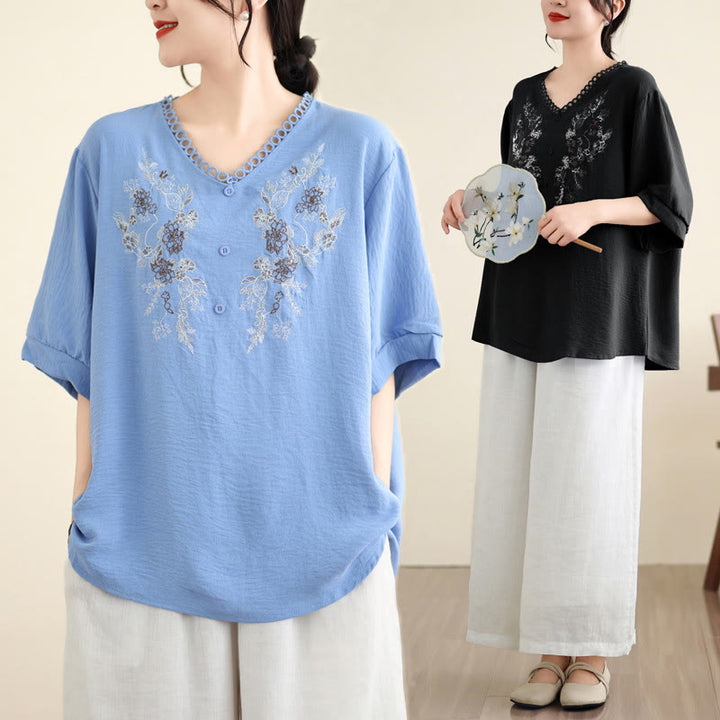 Camiseta con Bordado Floral de Buddha Stones de Cuello en V y Manga Corta - image 17