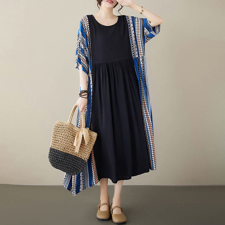 Vestido midi de manga corta con bolsillos y rayas negras y azules de Buddha Stones - image 4