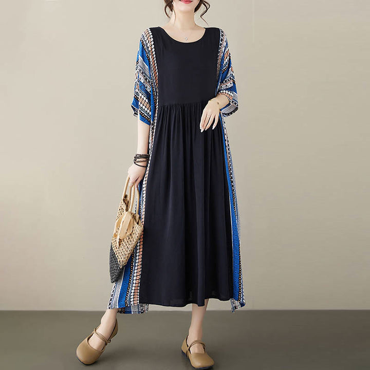 Vestido midi de manga corta con bolsillos y rayas negras y azules de Buddha Stones - image 15