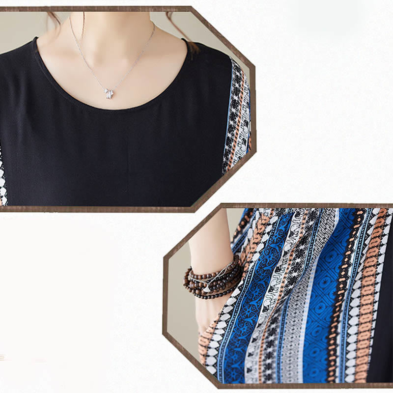 Vestido midi de manga corta con bolsillos y rayas negras y azules de Buddha Stones - image 12