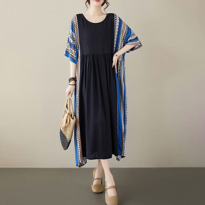 Vestido midi de manga corta con bolsillos y rayas negras y azules de Buddha Stones - image 16