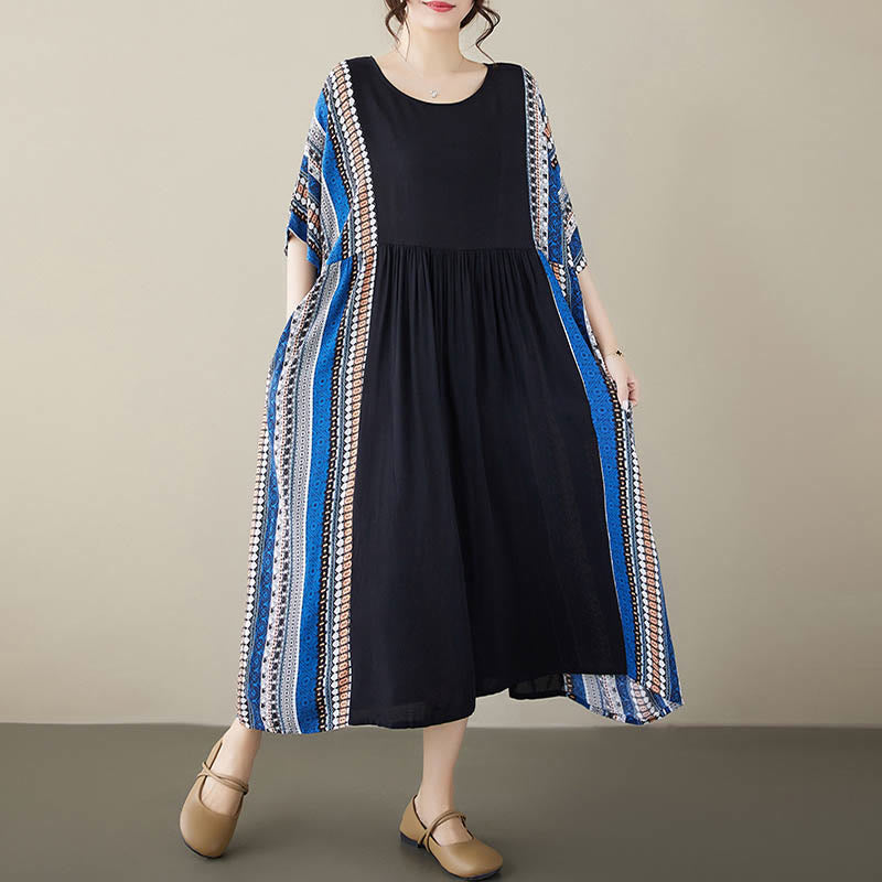 Vestido midi de manga corta con bolsillos y rayas negras y azules de Buddha Stones - image 1