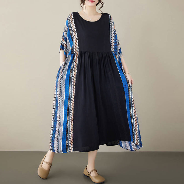 Vestido midi de manga corta con bolsillos y rayas negras y azules de Buddha Stones - image 1