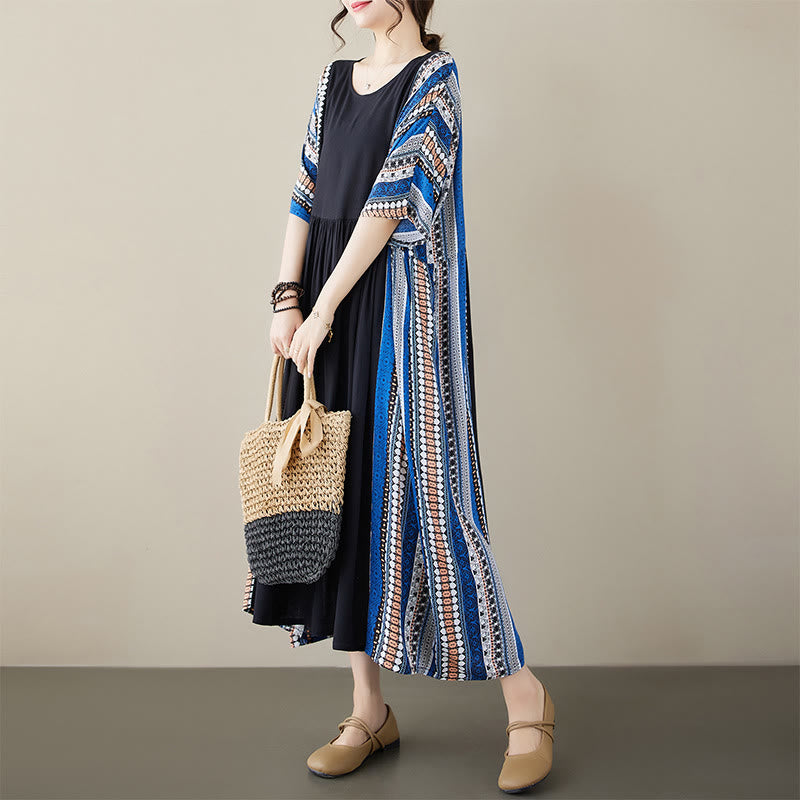 Vestido midi de manga corta con bolsillos y rayas negras y azules de Buddha Stones - image 3