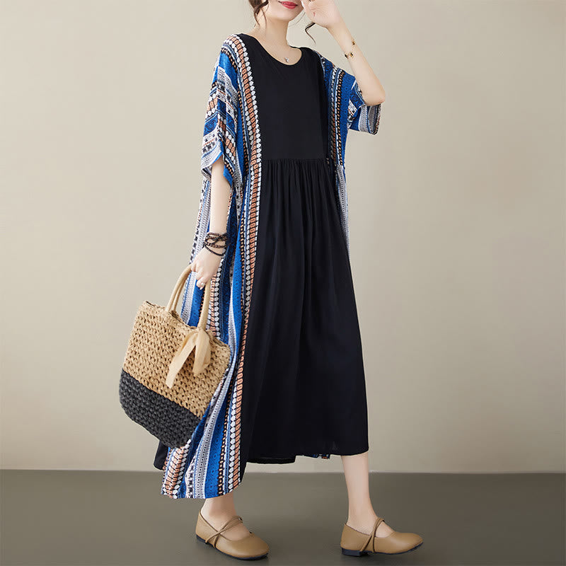 Vestido midi de manga corta con bolsillos y rayas negras y azules de Buddha Stones - F (Apto para US4-14; UK/AU8-18; UE 36-46) - image 0