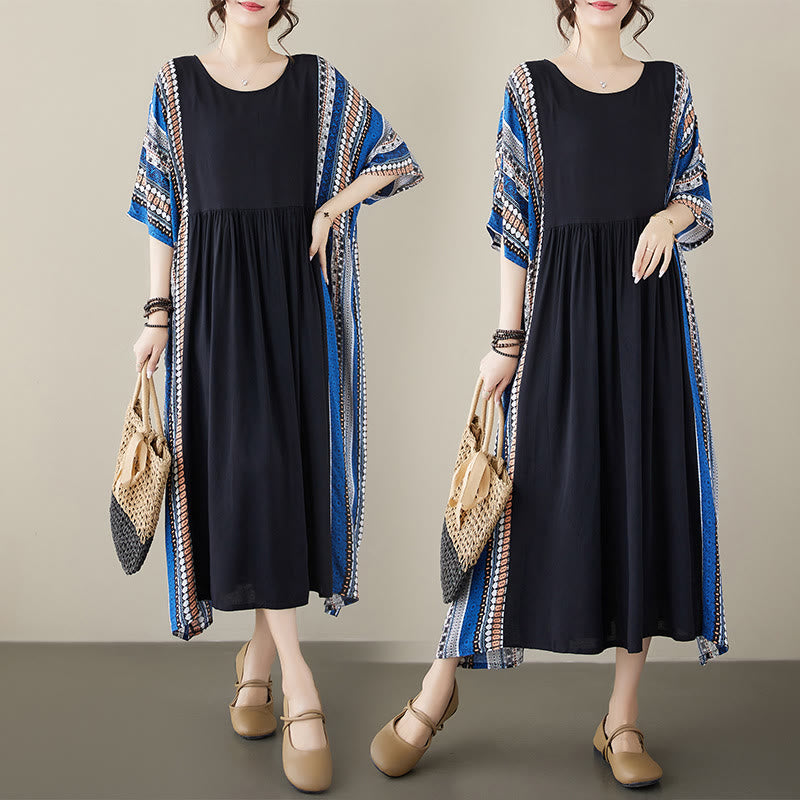 Vestido midi de manga corta con bolsillos y rayas negras y azules de Buddha Stones - image 14