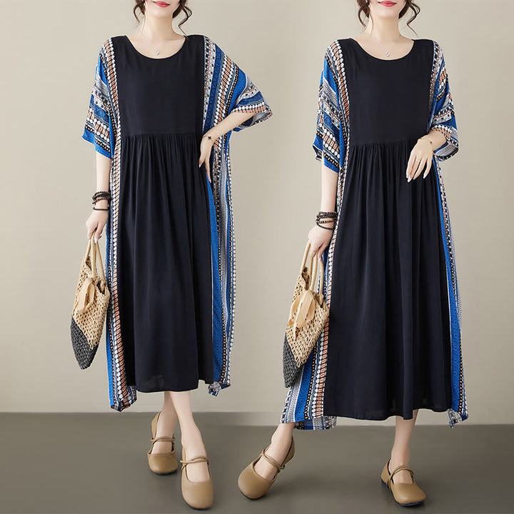 Vestido midi de manga corta con bolsillos y rayas negras y azules de Buddha Stones - image 14