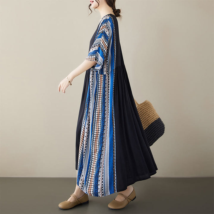 Vestido midi de manga corta con bolsillos y rayas negras y azules de Buddha Stones - image 2