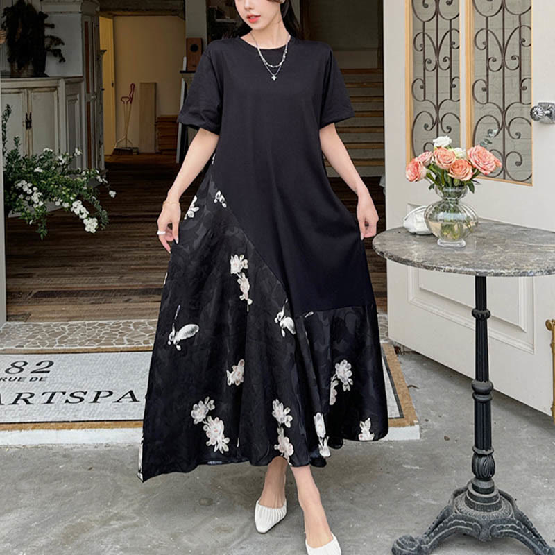 Buddha Stones Vestido informal midi de manga corta con flores en jacquard - image 1