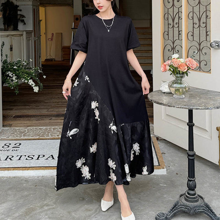 Buddha Stones Vestido informal midi de manga corta con flores en jacquard - image 1