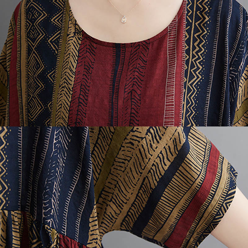 Buddha Stones Vestido Midi de Manga Corta con Geometría Boho y Bolsillos