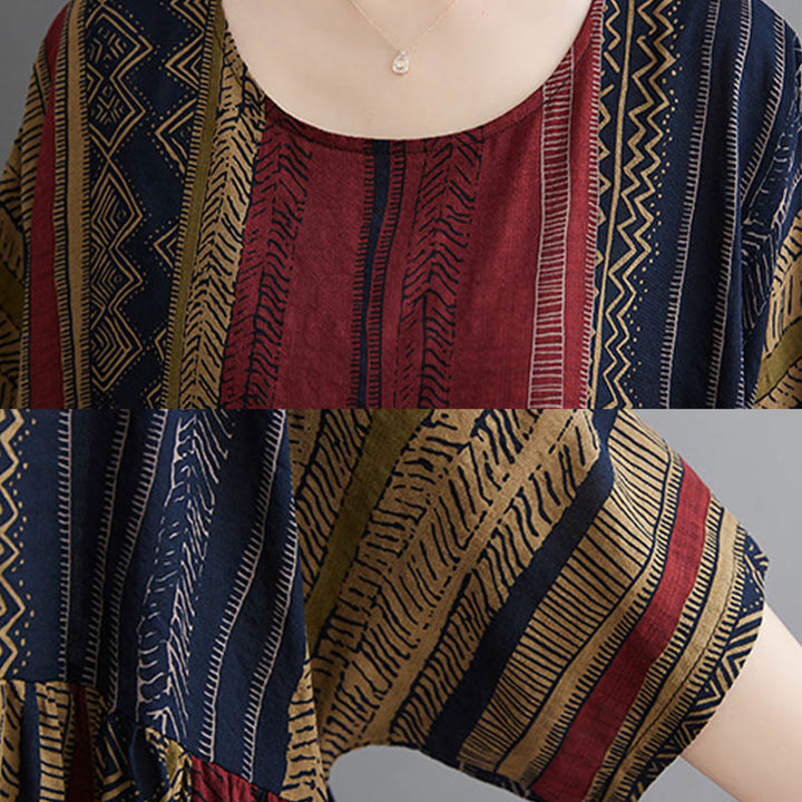 Buddha Stones Vestido Midi de Manga Corta con Geometría Boho y Bolsillos