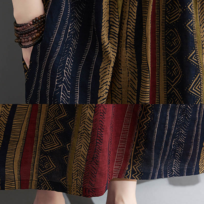 Buddha Stones Vestido Midi de Manga Corta con Geometría Boho y Bolsillos