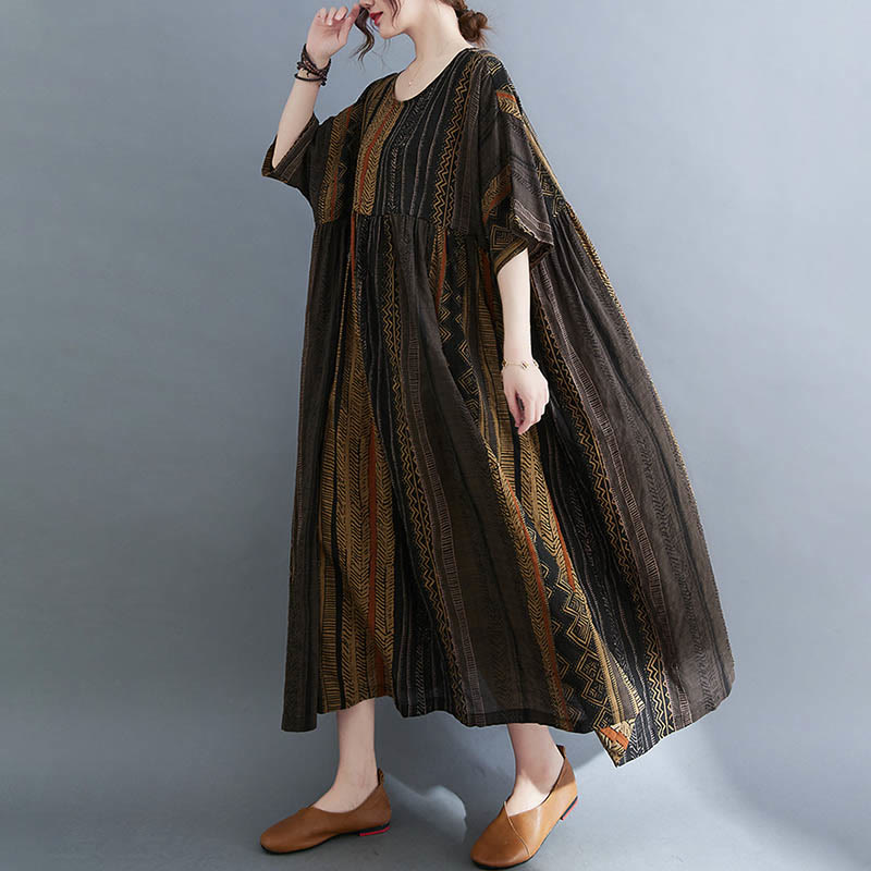 Buddha Stones Vestido Midi de Manga Corta con Geometría Boho y Bolsillos