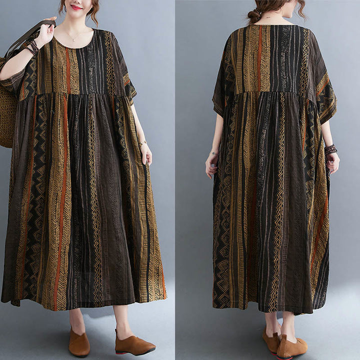 Buddha Stones Vestido Midi de Manga Corta con Geometría Boho y Bolsillos