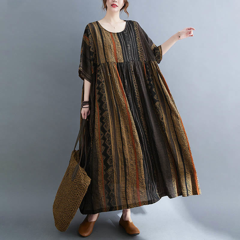 Buddha Stones Vestido Midi de Manga Corta con Geometría Boho y Bolsillos