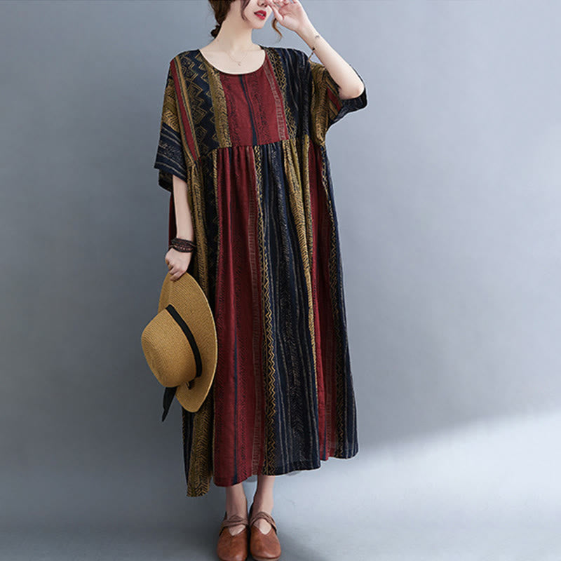 Buddha Stones Vestido Midi de Manga Corta con Geometría Boho y Bolsillos