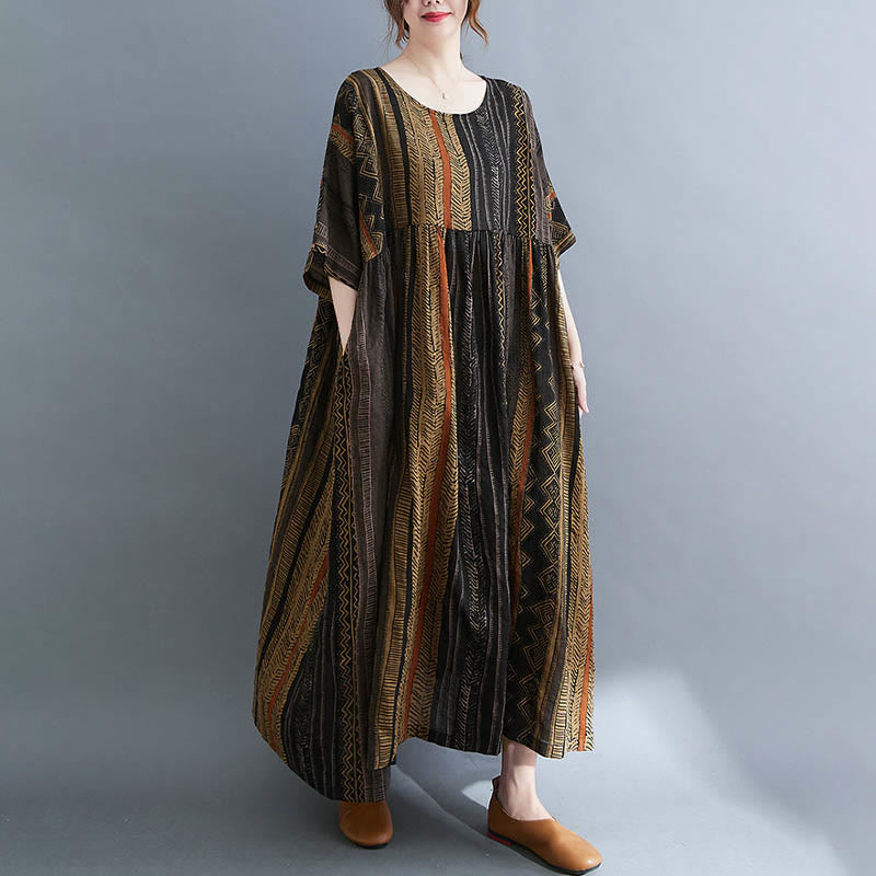 Buddha Stones Vestido Midi de Manga Corta con Geometría Boho y Bolsillos