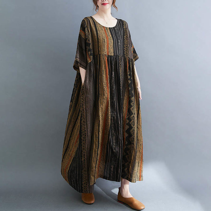 Buddha Stones Vestido Midi de Manga Corta con Geometría Boho y Bolsillos