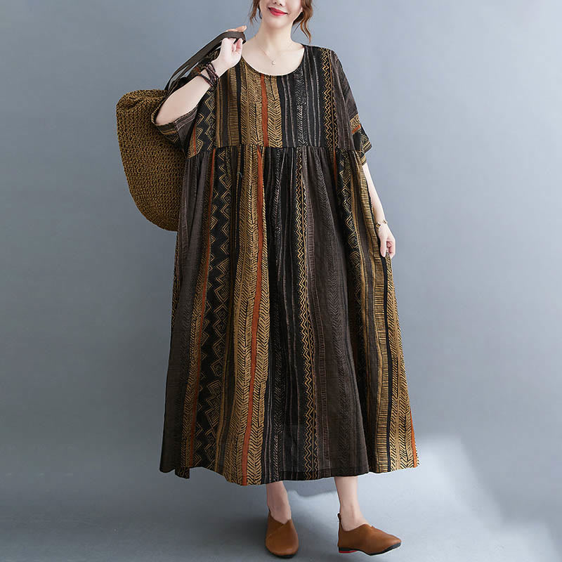 Buddha Stones Vestido Midi de Manga Corta con Geometría Boho y Bolsillos