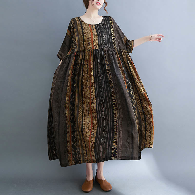 Buddha Stones Vestido Midi de Manga Corta con Geometría Boho y Bolsillos