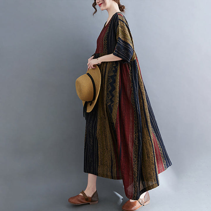 Buddha Stones Vestido Midi de Manga Corta con Geometría Boho y Bolsillos