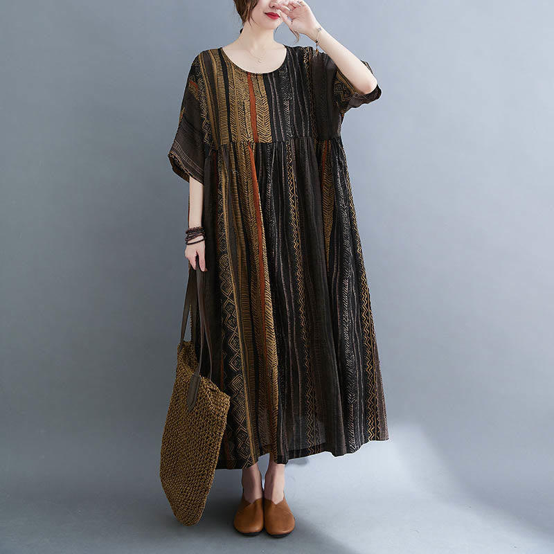 Buddha Stones Vestido Midi de Manga Corta con Geometría Boho y Bolsillos