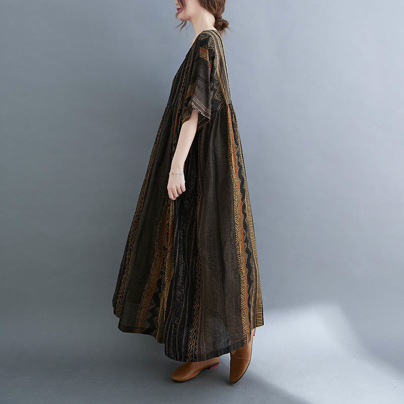 Buddha Stones Vestido Midi de Manga Corta con Geometría Boho y Bolsillos