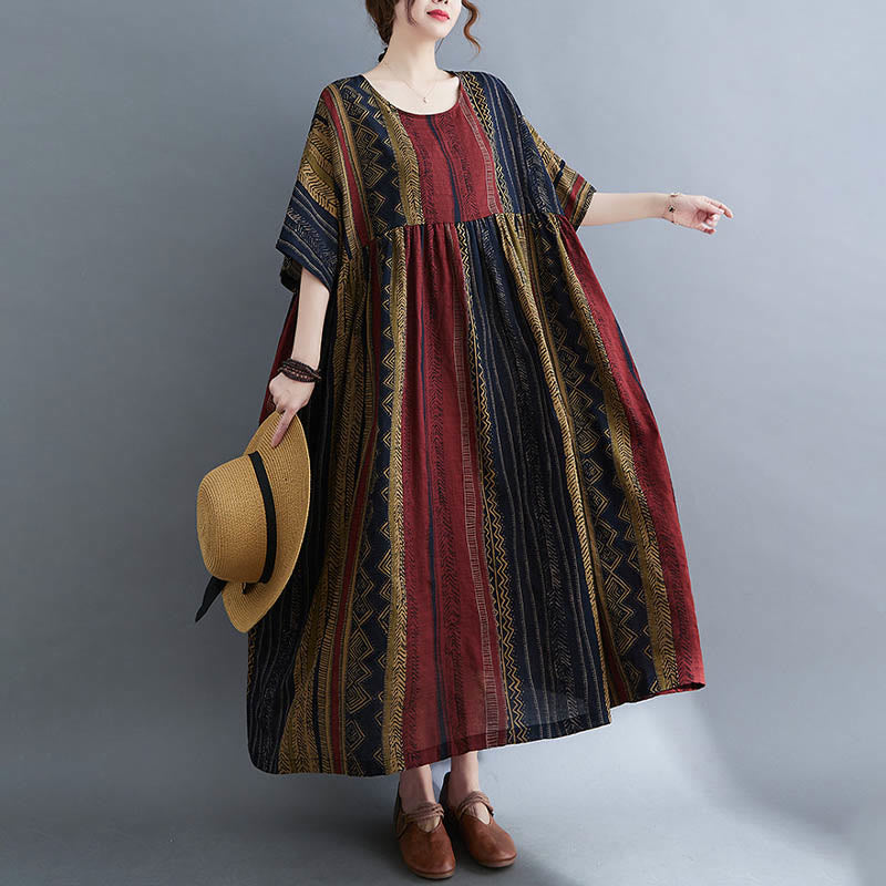 Buddha Stones Vestido Midi de Manga Corta con Geometría Boho y Bolsillos