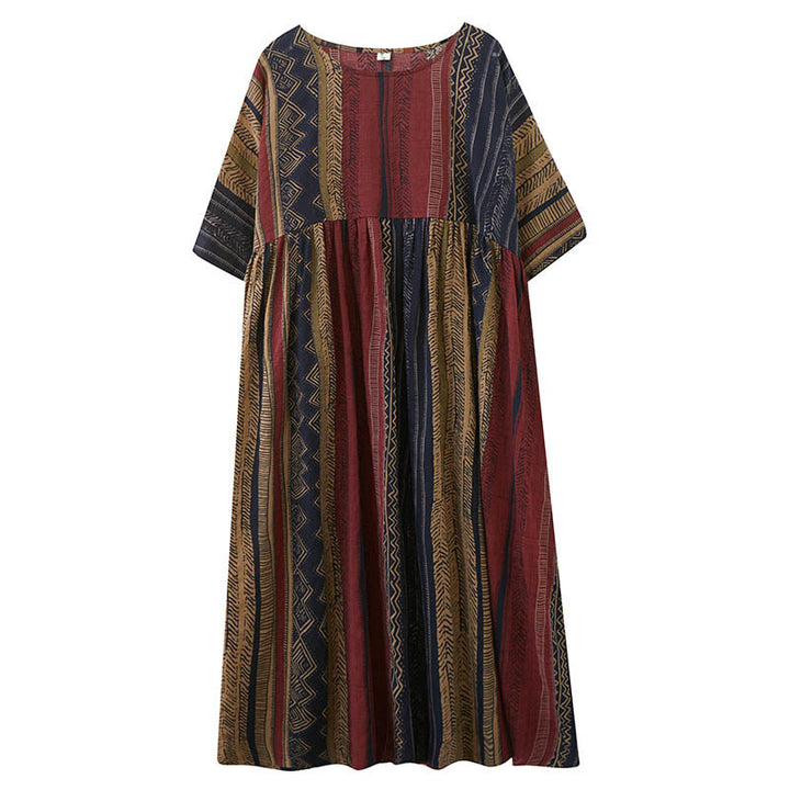Buddha Stones Vestido Midi de Manga Corta con Geometría Boho y Bolsillos