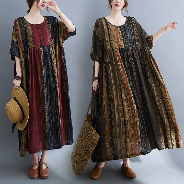 Buddha Stones Vestido Midi de Manga Corta con Geometría Boho y Bolsillos
