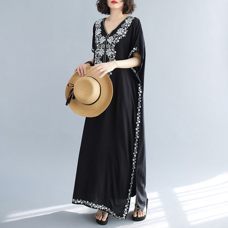 Buddha Stones Vestido largo de verano con bordado floral y manga corta en V - image 12