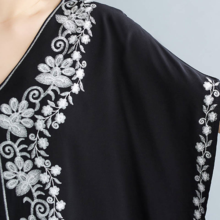 Buddha Stones Vestido largo de verano con bordado floral y manga corta en V - image 6