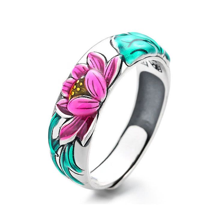 Buddha Stones Anillo de Plata de Ley 925 con Flor de Loto y Sutra del Corazón de la Iluminación