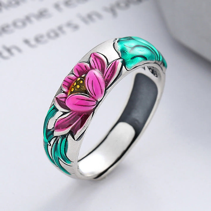 Buddha Stones Anillo de Plata de Ley 925 con Flor de Loto y Sutra del Corazón de la Iluminación
