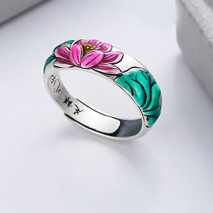 Buddha Stones Anillo de Plata de Ley 925 con Flor de Loto y Sutra del Corazón de la Iluminación