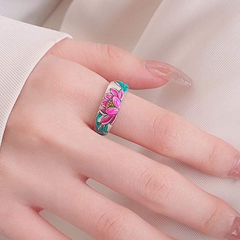 Buddha Stones Anillo de Plata de Ley 925 con Flor de Loto y Sutra del Corazón de la Iluminación