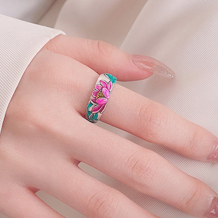 Buddha Stones Anillo de Plata de Ley 925 con Flor de Loto y Sutra del Corazón de la Iluminación