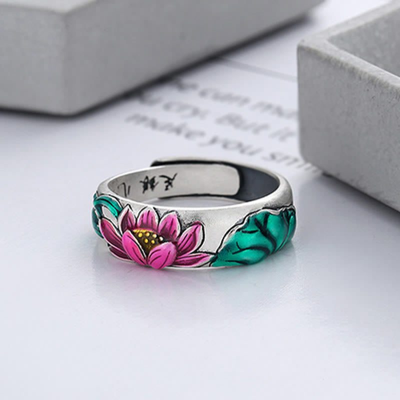 Buddha Stones Anillo de Plata de Ley 925 con Flor de Loto y Sutra del Corazón de la Iluminación