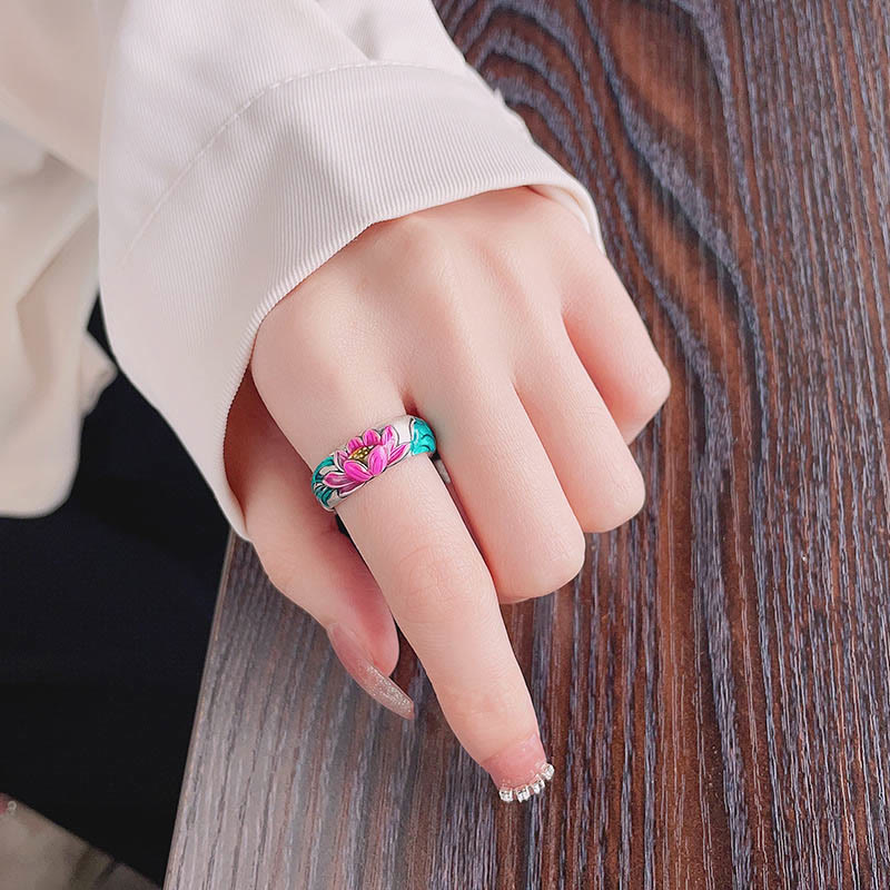 Buddha Stones Anillo de Plata de Ley 925 con Flor de Loto y Sutra del Corazón de la Iluminación
