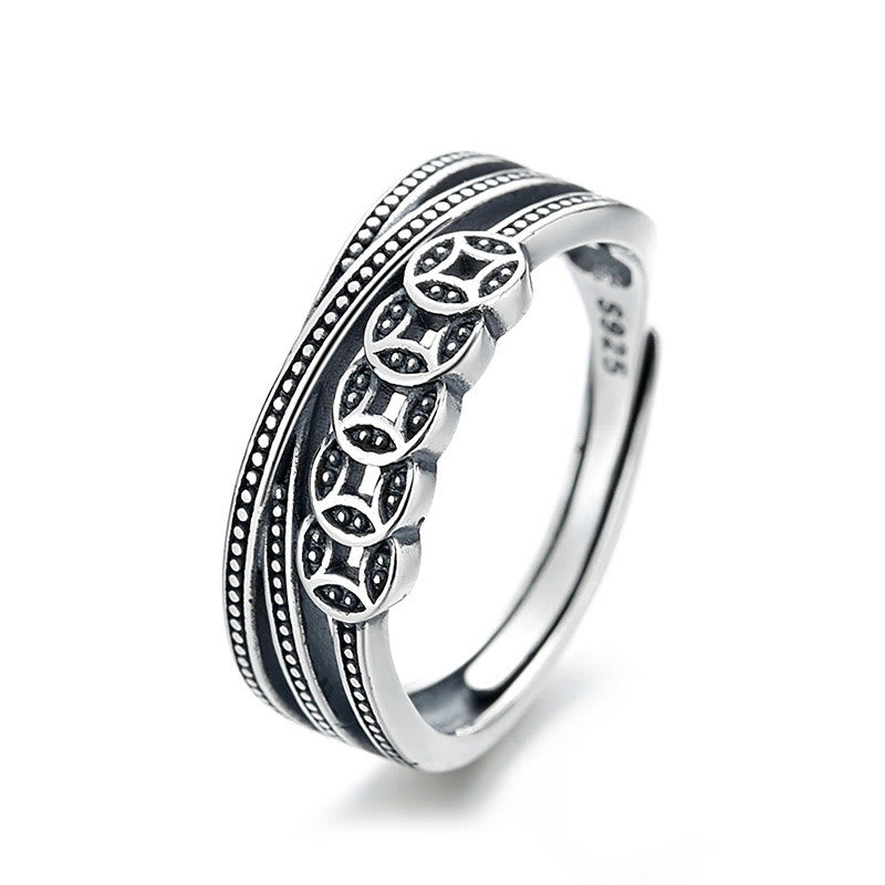 Buddha Stones Anillo Ajustable de Monedas de Cobre y Plata de Ley 925 para Bendición de la Riqueza