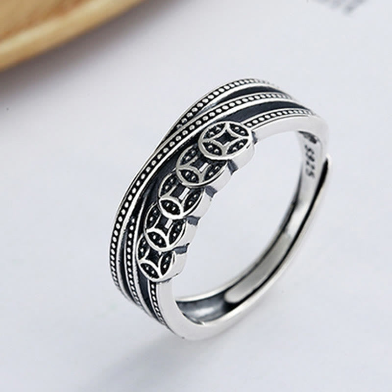 Buddha Stones Anillo Ajustable de Monedas de Cobre y Plata de Ley 925 para Bendición de la Riqueza