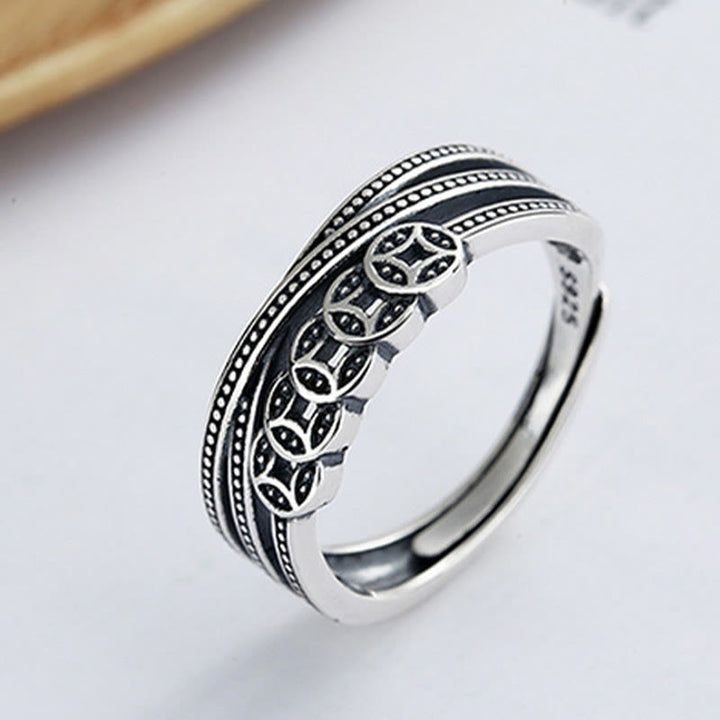 Buddha Stones Anillo Ajustable de Monedas de Cobre y Plata de Ley 925 para Bendición de la Riqueza
