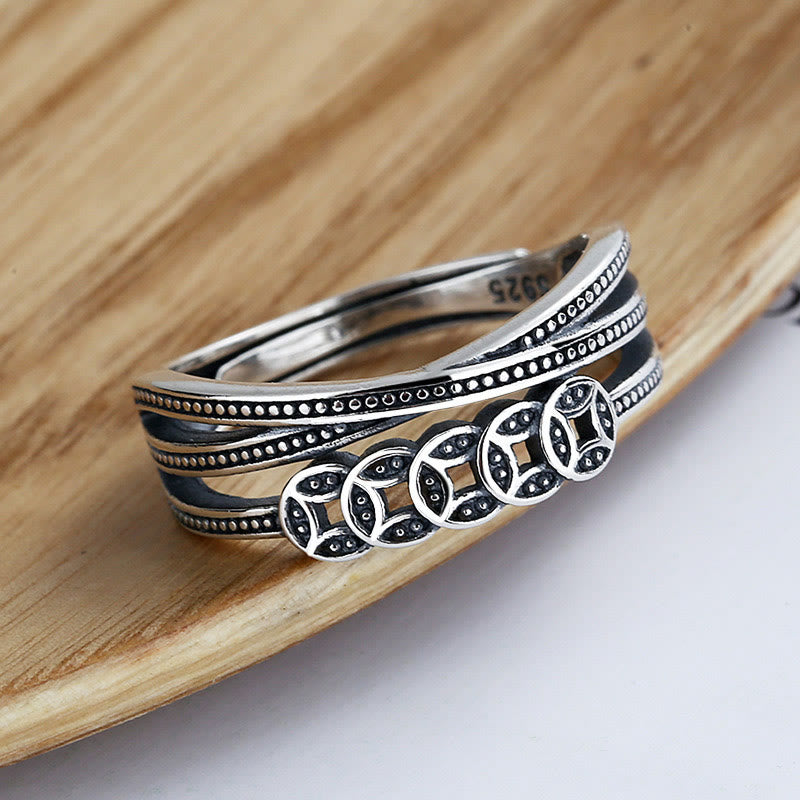 Buddha Stones Anillo Ajustable de Monedas de Cobre y Plata de Ley 925 para Bendición de la Riqueza