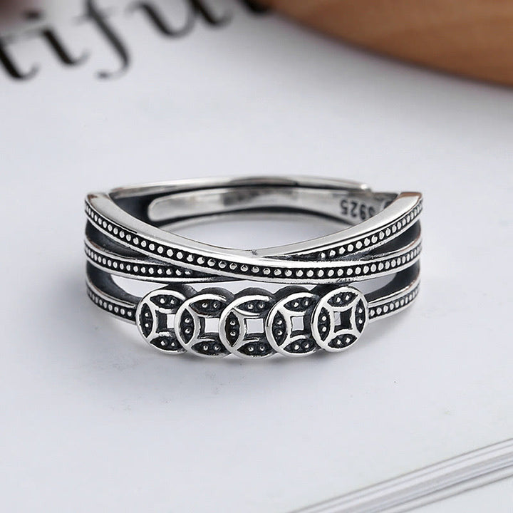 Buddha Stones Anillo Ajustable de Monedas de Cobre y Plata de Ley 925 para Bendición de la Riqueza
