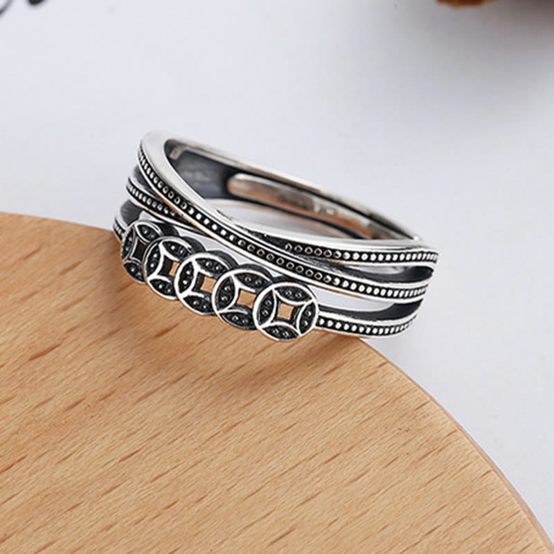 Buddha Stones Anillo Ajustable de Monedas de Cobre y Plata de Ley 925 para Bendición de la Riqueza