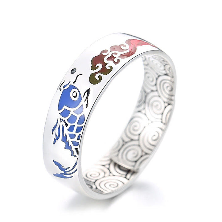 Buddha Stones Anillo de riqueza de pez koi afortunado de plata esterlina 925 con nubes auspiciosas