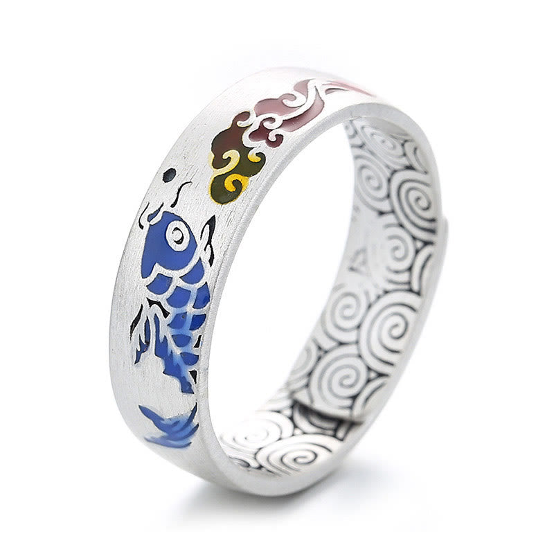 Buddha Stones Anillo de riqueza de pez koi afortunado de plata esterlina 925 con nubes auspiciosas - Plata (Ajustable) - image 0