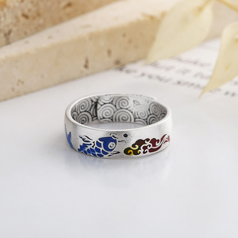 Buddha Stones Anillo de riqueza de pez koi afortunado de plata esterlina 925 con nubes auspiciosas